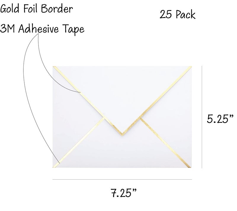CHRIZ.Z A7 Envelopes - 25-Pack V Flap Foil Border Luxury Mailing Envelopes for 5"" x 7"" Cards - for Wedding, Invitations, Baby Shower, Photos, Graduation, Birthday, Bridal Shower - 5.25"" x 7.25"" (White) - Image 2